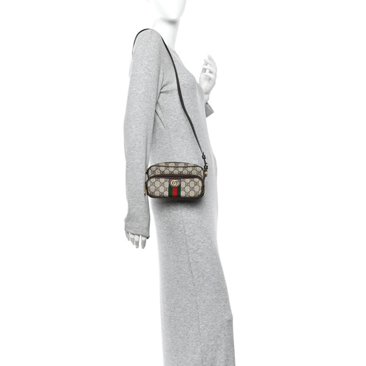 GG Supreme Monogram Textured Dollar Calfskin Web Mini Ophidia Convertible Shoulder Bag Beige Ebony New Acero