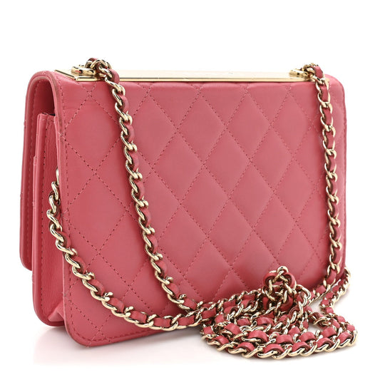 Lambskin Quilted Trendy CC Wallet On Chain WOC Bright Pink