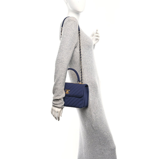 Jersey Chevron Quilted Small Trendy CC Dual Handle Flap Bag Navy Blue