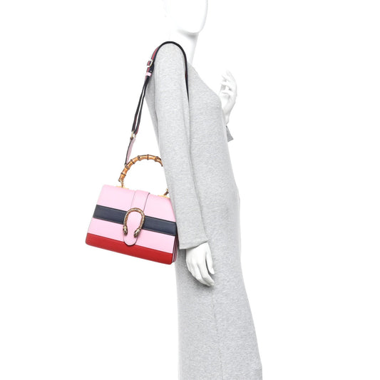 Moon Calfskin Web Medium Dionysus Bamboo Top Handle Bag Sugar Pink Blue Agata Hibiscus Red