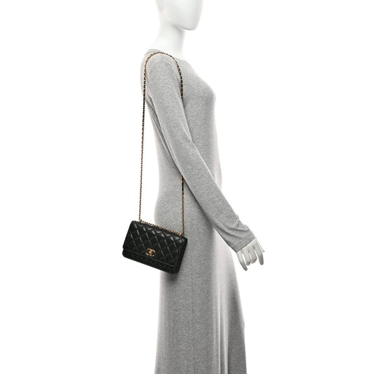 Shiny Lambskin Quilted Dynasty Wallet On Chain WOC Black