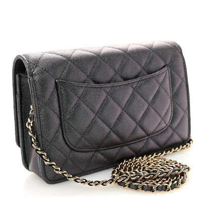 Iridescent Caviar Quilted Wallet On Chain WOC Green