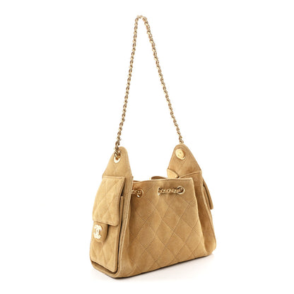 Suede Quilted Mini Chanel 25 Handbag Beige