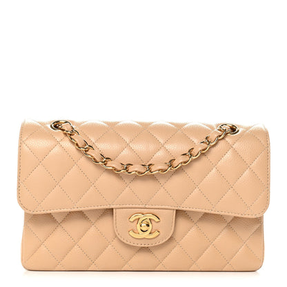 Caviar Quilted Small Double Flap Beige