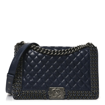 Glazed Calfskin Quilted New Medium Boy Chained Flap Navy
