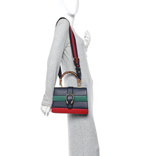 Moon Calfskin Bamboo Web Medium Dionysus Top Handle Bag Blue Emerald Hibiscus Red