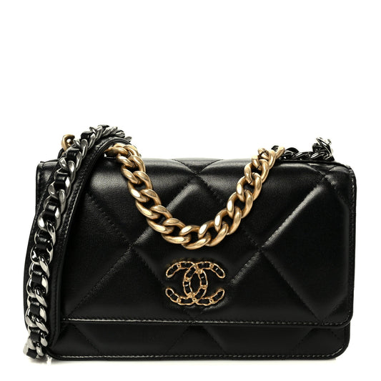 Lambskin Quilted Chanel 19 Wallet On Chain WOC Black