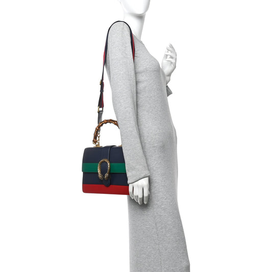 Moon Calfskin Bamboo Web Medium Dionysus Top Handle Bag Blue Emerald Hibiscus Red