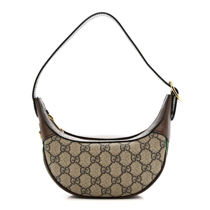 GG Supreme Monogram Textured Calfskin Web Mini Ophidia Half Moon Hobo Beige Ebony New Acero