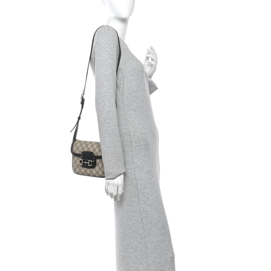 GG Supreme Monogram Horsebit 1955 Soft Small Shoulder Bag Beige Black