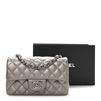 Metallic Lambskin Quilted Mini Rectangular Flap Silver