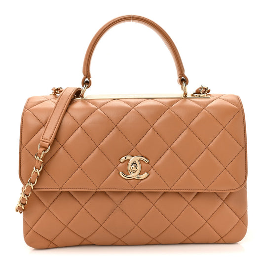 Lambskin Quilted Medium Trendy CC Flap Dual Handle Bag Camel