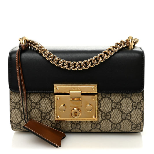 GG Supreme Monogram Calfskin Small Padlock Shoulder Bag Beige Black Cuir