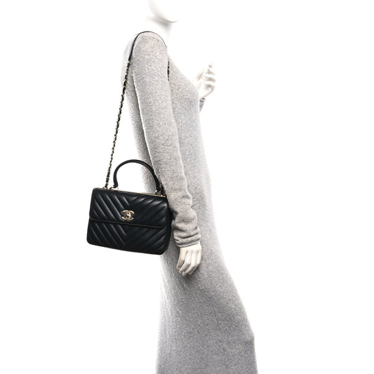 Lambskin Chevron Quilted Small Trendy CC Flap Dual Handle Bag Black