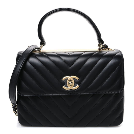 Lambskin Chevron Quilted Small Trendy CC Flap Dual Handle Bag Black