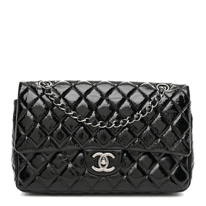 Distressed Patent Quilted Medium Double Flap Black