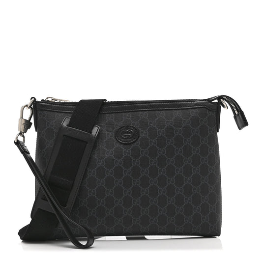 GG Supreme Monogram Azalea Calfskin Retro Interlocking G Wristlet Messenger Bag Black