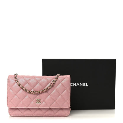 Iridescent Caviar Quilted Wallet on Chain WOC Rose Pink