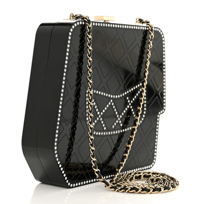 Plexiglass Crystal Quilted Minaudiere Clutch Black White