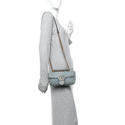 Denim Matelasse Mini Pearly GG Marmont Shoulder Bag Blue