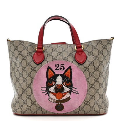 Soft GG Supreme Monogram Web Bosco Patch Small Crossbody Tote Beige Malva Hibiscus Red