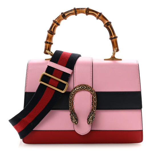 Moon Calfskin Web Medium Dionysus Bamboo Top Handle Bag Sugar Pink Blue Agata Hibiscus Red