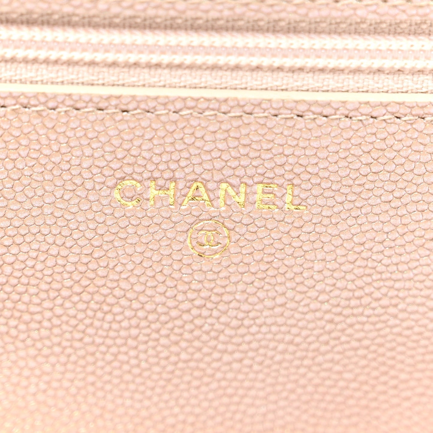 Iridescent Caviar Quilted Wallet on Chain WOC Beige