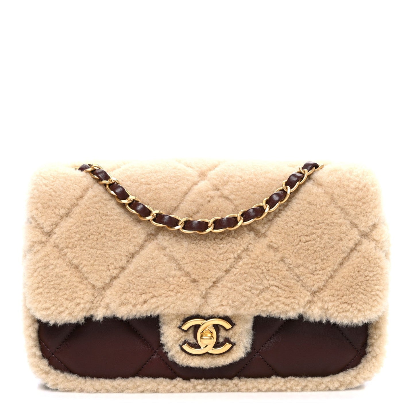 Shearling Lambskin Quilted Furry Coco Flap Dark Brown Beige