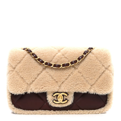 Shearling Lambskin Quilted Furry Coco Flap Dark Brown Beige