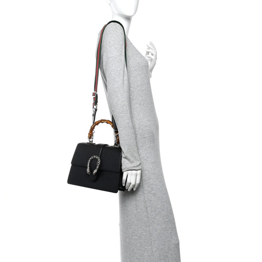 Dollar Calfskin Crystal Web Medium Dionysus Bamboo Top Handle Bag Black Black Diamond