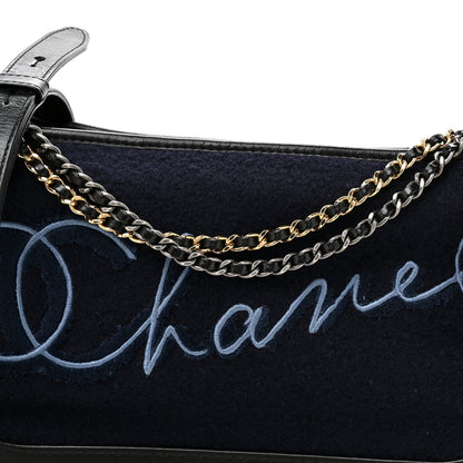 Calfskin Wool Embroidered Paris Hamburg Medium Gabrielle Hobo Dark Navy Blue