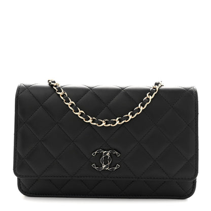 Lambskin Quilted Enamel CC Wallet On Chain WOC Black