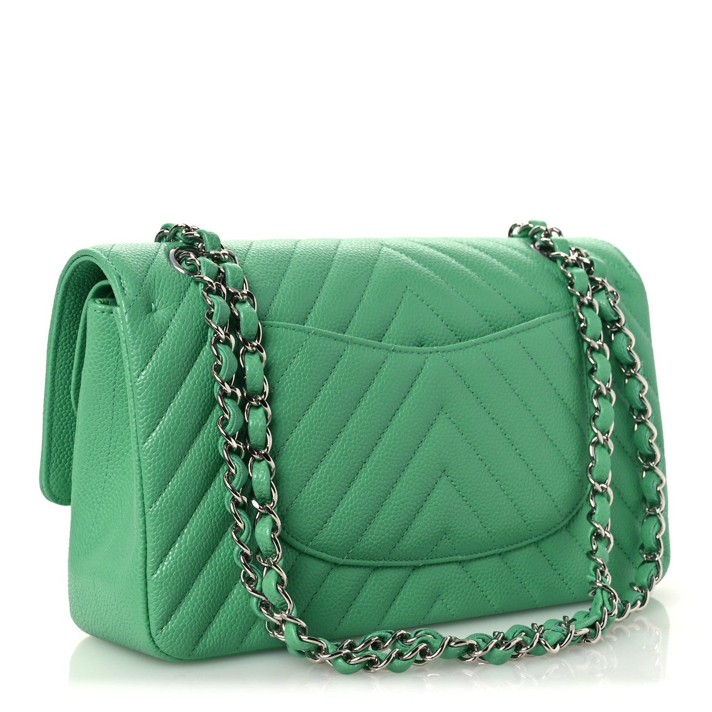 Caviar Chevron Quilted Medium Double Flap Green