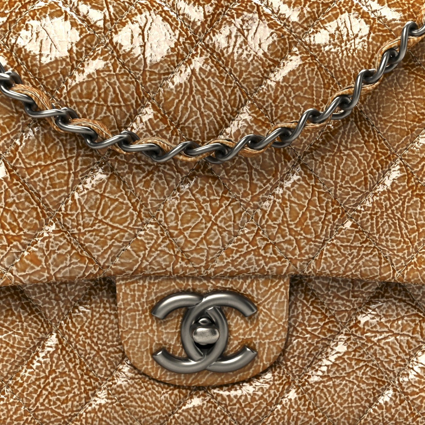 Crinkled Patent Quilted Medium Double Flap Beige