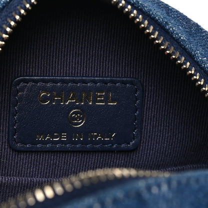 Denim Quilted Chanel 19 Round Clutch With Chain Blue