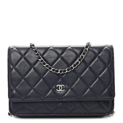Lambskin Quilted Wallet On Chain WOC Navy Blue
