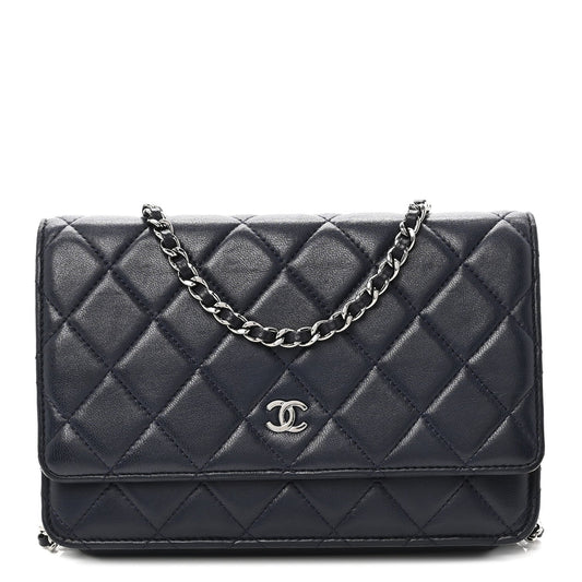 Lambskin Quilted Wallet On Chain WOC Navy Blue