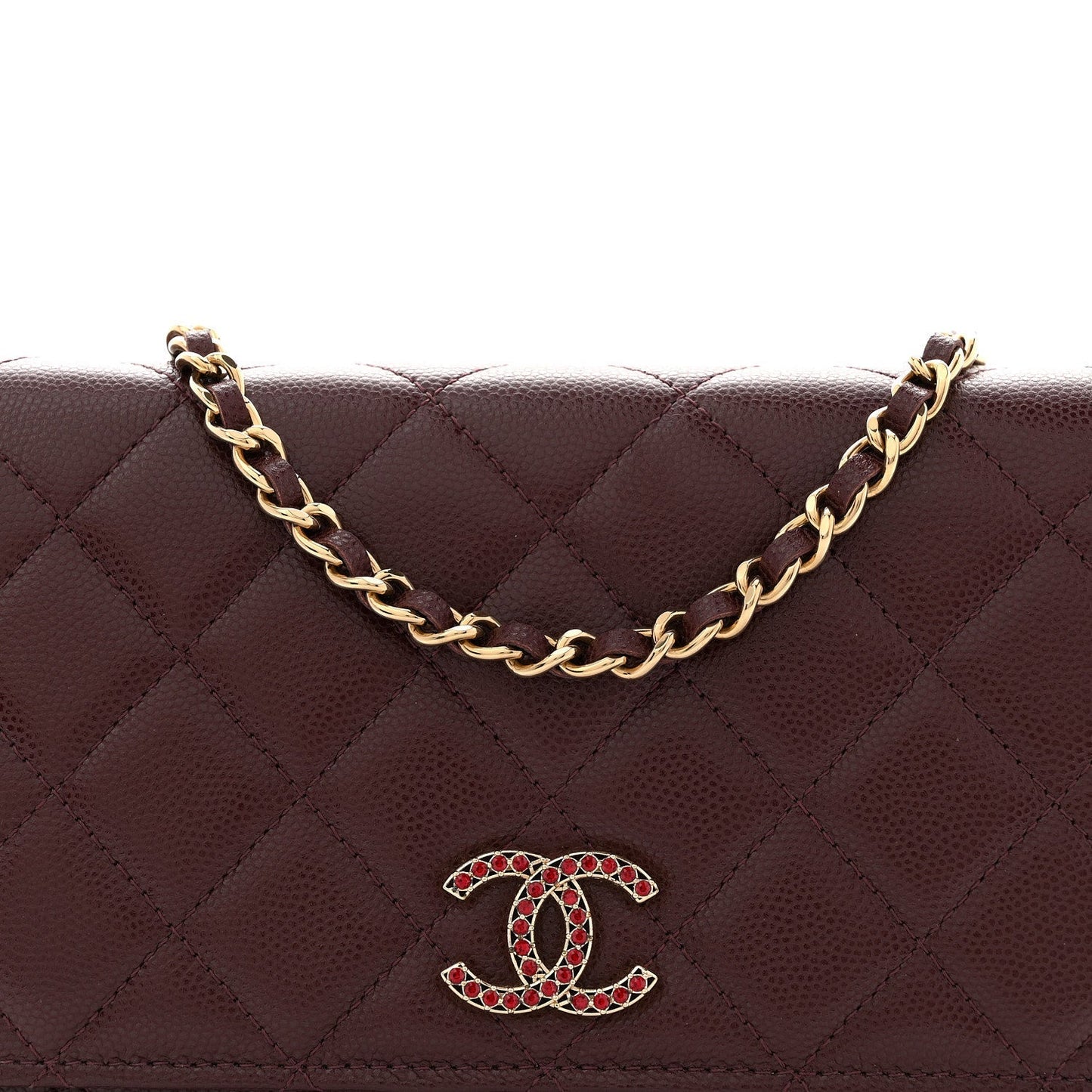Shiny Caviar Quilted Strass Wallet On Chain WOC Bordeaux