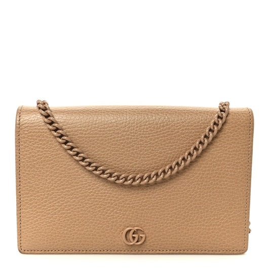 Dollar Calfskin Enamel Monochrome Mini GG Marmont Chain Wallet Camelia