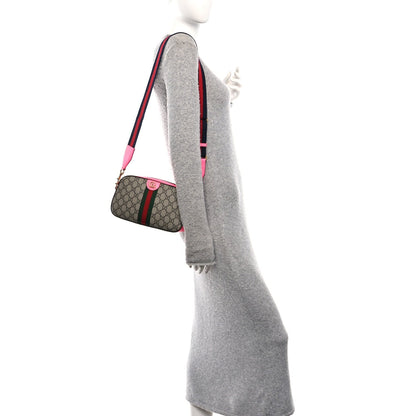 GG Supreme Monogram Textured Dollar Calfskin Web Ophidia Small Crossbody Bag Beige Ebony Fuchsia