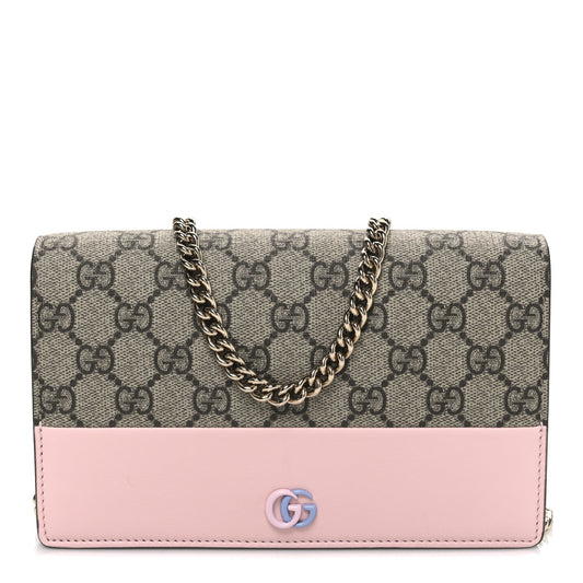 GG Supreme Monogram Textured Dollar Calfskin Mini GG Marmont Chain Wallet Light Pink Blue Beige