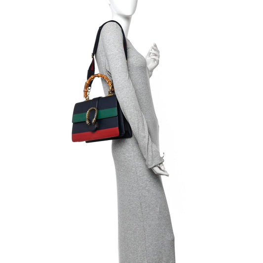 Moon Calfskin Web Medium Dionysus Bamboo Top Handle Bag Blue Emerald Hibiscus Red