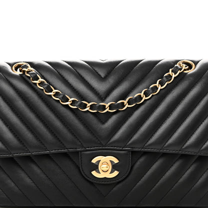 Lambskin Chevron Quilted Medium Double Flap Black