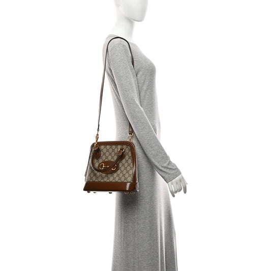 GG Supreme Monogram Azalea Calfskin Small Horsebit 1955 Top Handle Bag Beige Ebony Brown Sugar