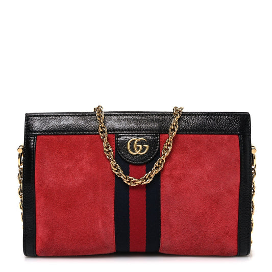 Suede Patent Web Small Ophidia Chain Shoulder Bag Hibiscus Red Black