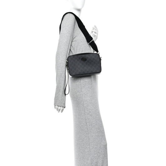GG Supreme Monogram Azalea Calfskin Retro Interlocking G Wristlet Shoulder Bag Black